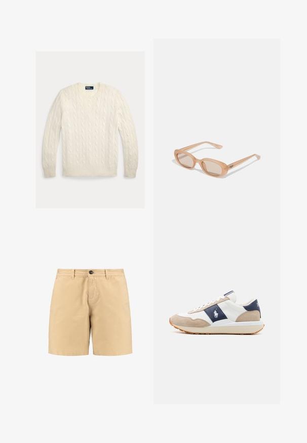 Cream cable-knit sweater with a crew neck, ribbed cuffs, and hem. Made of soft material, featuring a textured pattern throughout.; White cotton t-shirt featuring front graphic text in red and navy: "LEVI STRAUSS & CO." and "EXTRA STRENGTH LEVI'S" with a horse illustration.; Beige cotton shorts with a button closure, front pockets, and belt loops. Simple design with a straight cut and a smooth texture.; Men's sneaker featuring a white leather upper with navy and beige suede accents, flat lace closure, and an off-white rubber sole.; Sunglasses with a transparent light brown frame, oval lenses, and slender arms featuring a subtle logo engraved. Matte finish with minimalist design.