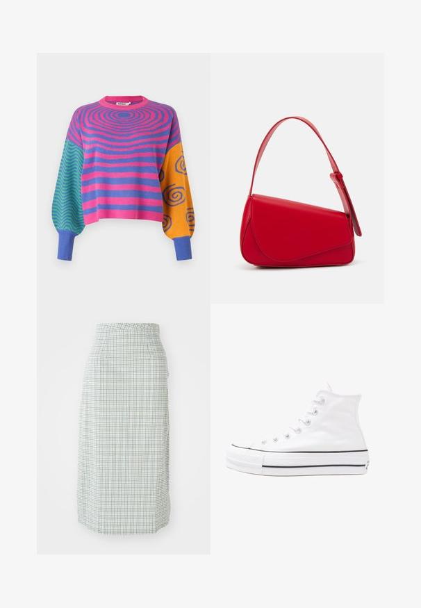 Langärmliger Pullover mit pinken und violetten konzentrischen Streifen am Körper, grünen und blauen Zickzackmustern an einem Ärmel und orangefarbenen mit blauen Spiralen am anderen.; Ein knielanger Rock in einem hellgrünen und weißen karrierten Muster, mit glatter Textur und einer taillierten Silhouette sowie seitlichen Taschen.; Weiße hochwertige Leinensneaker mit schwarzer Gummisohle, vorderem Gummizehenschutz und sechs Ösen für Schnürsenkel, die ein sauberes, minimalistisches Design aufweisen.; Rote Lederhandtasche mit einem kantigen, geometrischen Design. Verfügt über einen verstellbaren Schulterriemen und einen Klappenverschluss mit genähten Details.