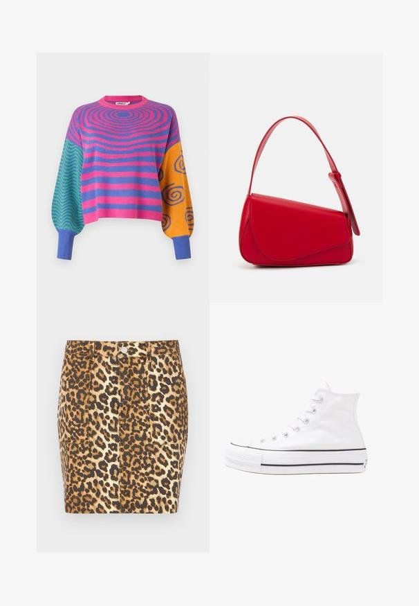 Pulover cu mâneci lungi, cu dungi concentrice roz și mov pe corp, zig-zaguri verzi și albastre pe o mânecă și spirale portocalii cu albastre pe cealaltă.; Fustă mini din denim cu imprimeu leopard în nuanțe de brown și bej, având închidere cu buton în față și două buzunare laterale.; Adidași albi tip pantofi sport cu glezna din pânză, cu talpă din cauciuc negru, capac de vârf din cauciuc frontal și șase ochiuri pentru șireturi, având un design curat și minimalist.; Geantă de mână din piele roșie, cu un design unghiular și geometric. Dispune de o singură curea ajustabilă și un sistem de închidere cu clapetă, cu detalii cusute.
