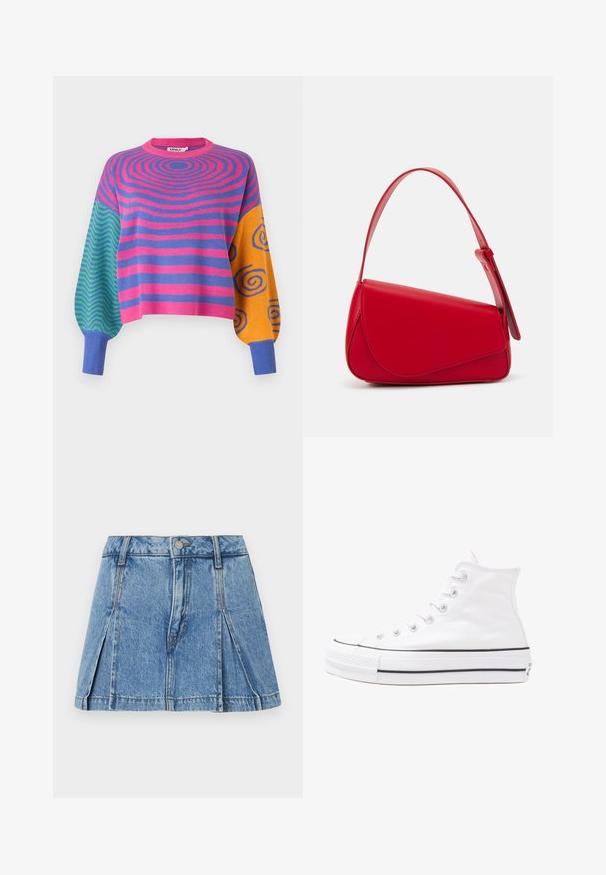 Camisola de manga comprida com riscas concêntricas cor-de-rosa e roxas no corpo, ziguezagues verdes e azuis numa manga e espirais laranja com azul na outra.; Mini saia de ganga em azul claro com um design plissado, fecho com botão prateado e estilo clássico de cinco bolsos.; Sapatilha alta de tela branca com sola de borracha preta, bico de borracha na frente e seis ilhós para os atacadores, apresentando um design limpo e minimalista.; Bolsa de mão em couro vermelho com um design angular e geométrico. Apresenta uma única alça ajustável e um fecho com aba, com detalhes cosidos.
