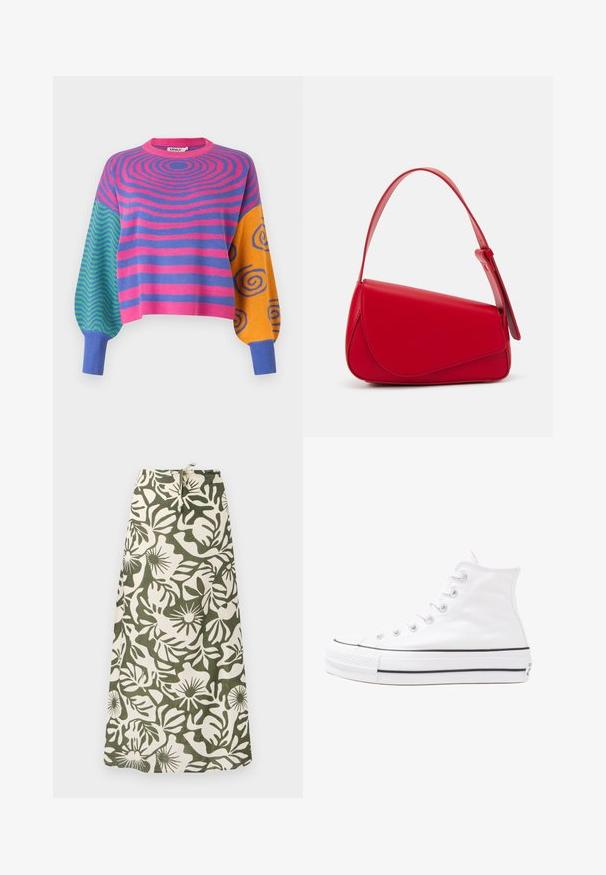 Tröja med långa ärmar med rosa och lila koncentriska ränder på kroppen, gröna och blå zigzagmönster på ena ärmen och orange med blå spiraler på den andra.; Lång kjol i tyg med ett grönt och krämfärgat blommönster, med dragsko i midjan och en mjuk, texturerad yta.; Vit hög topp canvas sneaker med svart gummisulan, framsidan gummitåhätta och sex öglor för snören, med en ren, minimalistisk design.; Röd läderhandväska med en vinkelrät, geometrisk design. Har ett justerbart axelband och en klaffstängning med sydda detaljer.