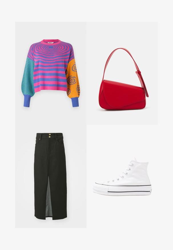 Pitkähihaisen neulepuseron vartalossa on vaaleanpunaisia ja purppuranvärisiä keskustaan meneviä raitoja, toisessa hihassa vihreitä ja sinisiä siksakkuvioita, ja toisessa oransseja ja sinisiä spiraaleja.; Musta farkkuhame, jossa on korkea vyötärö, kaksi kultaa nappia kiinnityksessä, etuvuori ja sivutaskut. Sileä pinta ja polvimittainen muotoilu.; Valkoiset korkeavartiset kangaskengät mustalla kumipohjalla, edessä kuminen varvasosa ja kuusi nauha-aukkoa, puhtaan minimalistisella muotoilulla.; Punainen nahkalaukku, jossa on kulmikas, geometrinen muotoilu. Varustettu yhdellä säädettävällä hihnalla ja läpällä, jossa on ommeltu yksityiskohtia.