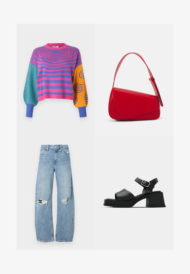 Pikad varrukadega kampsun, millel on kere peal roosa ja lilla kontsentrilised triibud, ühel varrukal rohelised ja sinised siksakid ning teisel oranžid ja sinised spiraalid.; Heledad hallideega sinised teksad, millel on kõrge talje. Teksade jalgadel on lai alus, kaks rebitud kohta põlvede ümber ning klassikaline viie tasku stiil.; Mustad mustad platvormsandaalid avatud varbaga, pahkluu rihmaga ja paksu ruudukujulise kandaga. Sile tekstuur ja minimalistlik stiil.; Punane nahast käekott, millel on nurkadega geomeetriline disain. Omab ühte reguleeritavat rihma ja klappidega sulgemist, millel on õmblustega kaunistused.