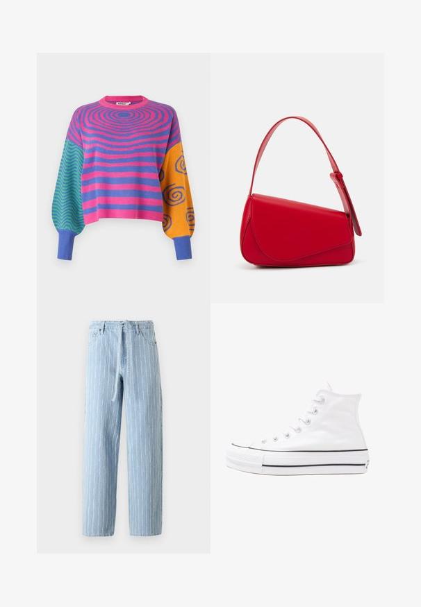 Garām piedurknēm džemperis ar rozā un violetām koncentriskām svītrām uz ķermeņa, zaļiem un ziliem zigzagiem vienā piedurknē un oranžām ar zilām spirālēm otrā.; Gai zili džinsi ar vertikālām baltām svītrām, augsta jostasvieta, vaļīga piegriezuma, ar siksnas cilpiņām un saplēstu maliņu. Divas priekšējās kabatas un rāvējslēdzējs.; Balti augstie kanvas sporta apavi ar melnu gumijas zoli, priekšējo gumijas purngalu un sešām acīm lencēm, kuriem ir tīrs, minimālistisks dizains.; Sarkans ādas rokassomi ar stūrainu, ģeometrisku dizainu. Iekļauj vienu regulējamu siksnu un vāku ar izšūtu detaļu.