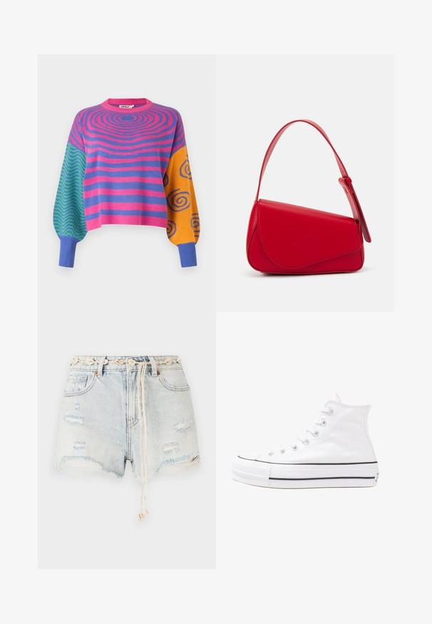 Hosszú ujjú pulóver, testén rózsaszín és lila koncentrikus csíkokkal, egyik ujján zöld és kék cikkcakkokkal, a másikon narancssárga és kék spirálokkal.; Fénykék denim rövidnadrág, kopott részletekkel és rojtos szegéllyel. Díszes kagylóövvel és bézs színű húzózsinórral rendelkezik.; Fehér magaskorsó vászon sportcipő fekete gumi talppal, elülső gumi orrnyereggel és hat fűzőlyukkal, letisztult, minimalista dizájnnal.; Piros bőr kézitáska szögletes, geometrikus kialakítással. Egy állítható pánttal és varrott részletekkel ellátott fedélzárral rendelkezik.