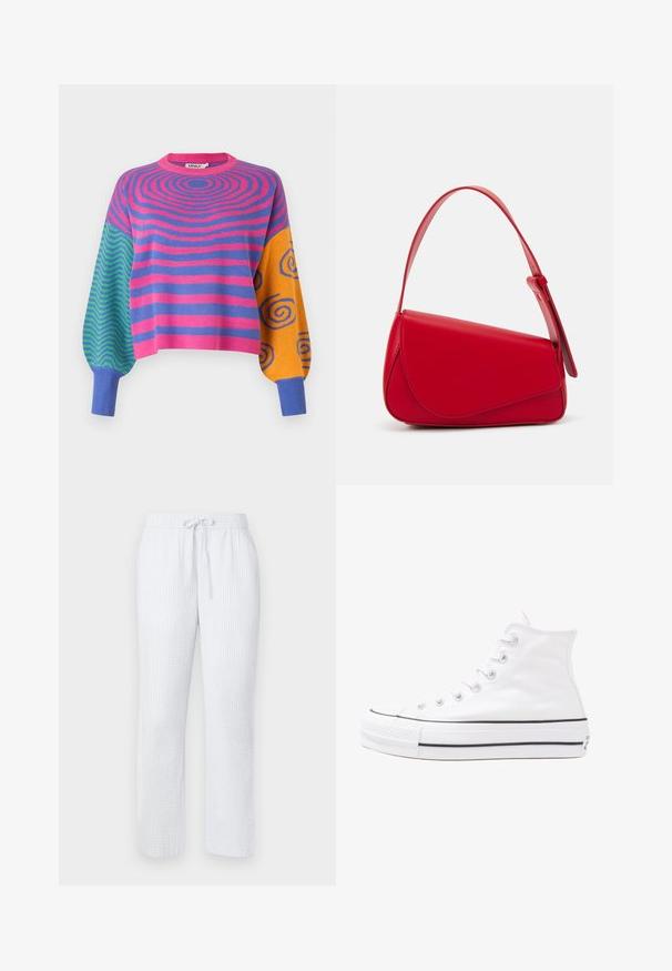 Long-sleeve sweater with pink and purple concentric stripes on the body, green and blue zigzags on one sleeve, and orange with blue spirals on the other.; Light blue pajama pants with a textured pattern, elastic waistband, and drawstring. Straight-legged design, lightweight fabric.; White high-top canvas sneaker with black rubber sole, front rubber toe cap, and six eyelets for laces, featuring a clean, minimalist design.; Red leather handbag with an angular, geometric design. Features a single adjustable strap and a flap closure with stitched detailing.
