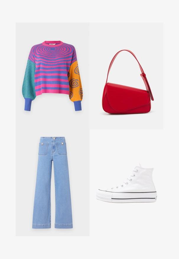 Pulover z dolgimi rokavi z rožnatimi in vijoličnimi koncentričnimi črtami na telesu, zelenimi in modrimi cik-cak vzorci na enem rokavu ter oranžnimi z modrimi spiralami na drugem.; Svetlo modri široki hlače iz denima z visokim pasom, dvema zadnjima žepoma in gumbom v zlatem tonu. Narejene so iz denima z gladko teksturo in čisto obdelavo.; Beli visoki platneni športni čevelj z črnim gumijastim podplatom, sprednjim gumijastim zaščitnikom za prste in šestimi luknjicami za vezalke, ki se ponaša s preprostim, minimalističnim dizajnom.; Rdeča usnjena torba z angularnim, geometrijskim dizajnom. Ima en samostoječ nastavljiv ročaj in pokrov, zaprt z zapiranjem, ki je okrašen s šivi.