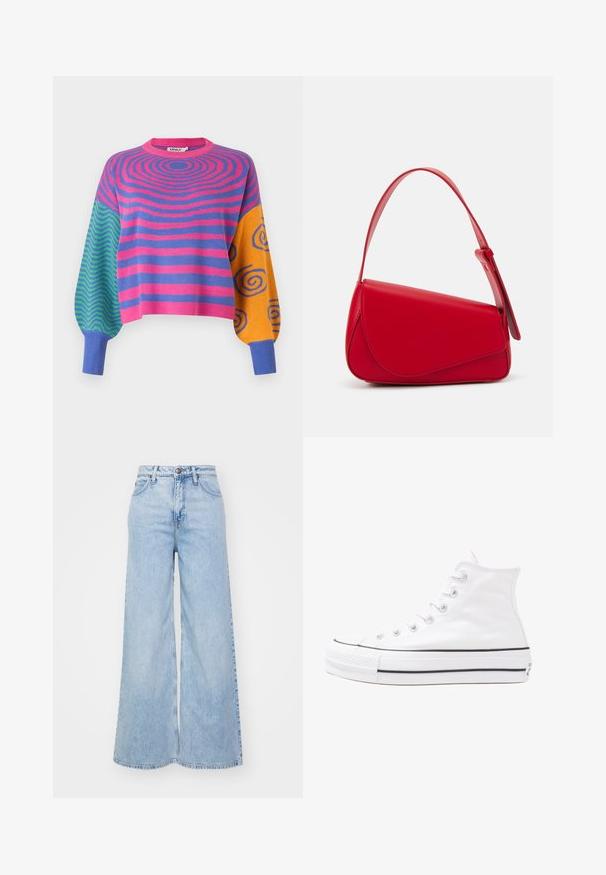 Maglione a maniche lunghe con strisce concentriche rosa e viola sul corpo, zigzag verdi e blu su una manica, e arancione con spirali blu sull'altra.; Jeans a gamba larga blu chiaro in denim, caratterizzati da un'alta vita, chiusura con bottone e leggere sfumature. I bordi sono orlati.; Sneaker alta in tela bianca con suola in gomma nera, punta in gomma frontale e sei asole per i lacci, caratterizzata da un design pulito e minimalista.; Borsa a tracolla in pelle rossa con un design angolare e geometrico. Presenta una singola tracolla regolabile e una chiusura a patta con dettagli cuciti.