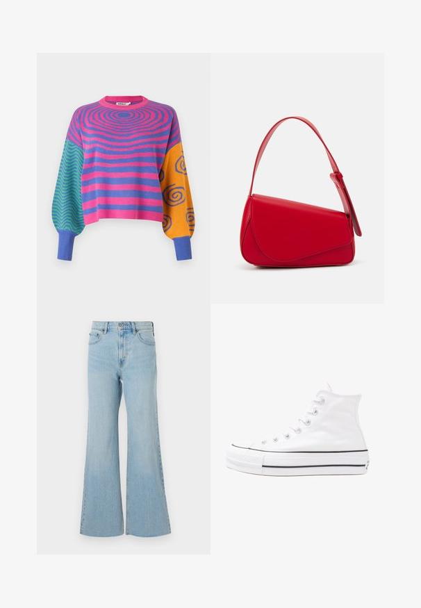 Langærmet sweater med pink og lilla koncentriske striber på kroppen, grønne og blå zigzagmønstre på den ene ærme og orange med blå spiraler på den anden.; Lysblå denimflared jeans med høj talje, featuring en klassisk knap- og lynlås-lukning, samt let slidser i stoffet.; Hvide høje kanvas sneakers med sort gummisål, gummitåhætte foran og seks øjehuller til snørebånd, der har et rent, minimalistisk design.; Rød læderhåndtaske med et kantet, geometrisk design. Har en enkelt justerbar rem og en klaplukning med syede detaljer.