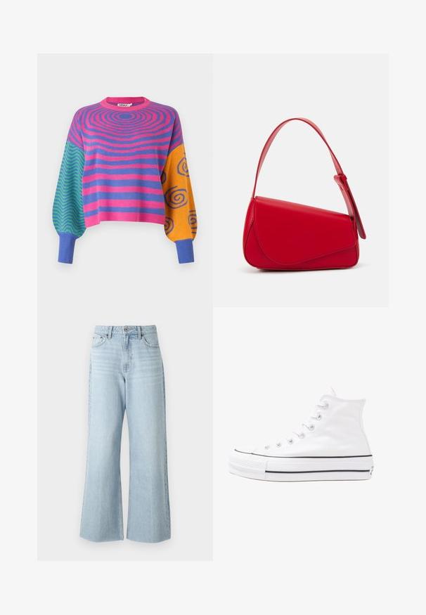 Garām piedurknēm džemperis ar rozā un violetām koncentriskām svītrām uz ķermeņa, zaļiem un ziliem zigzagiem vienā piedurknē un oranžām ar zilām spirālēm otrā.; Gai zila denima plaša stila bikses ar augstu jostasvietu, ar pogu slēgšanu un divām priekšējām kabatām, gluda tekstūra un viegla izbalēšana.; Balti augstie kanvas sporta apavi ar melnu gumijas zoli, priekšējo gumijas purngalu un sešām acīm lencēm, kuriem ir tīrs, minimālistisks dizains.; Sarkans ādas rokassomi ar stūrainu, ģeometrisku dizainu. Iekļauj vienu regulējamu siksnu un vāku ar izšūtu detaļu.