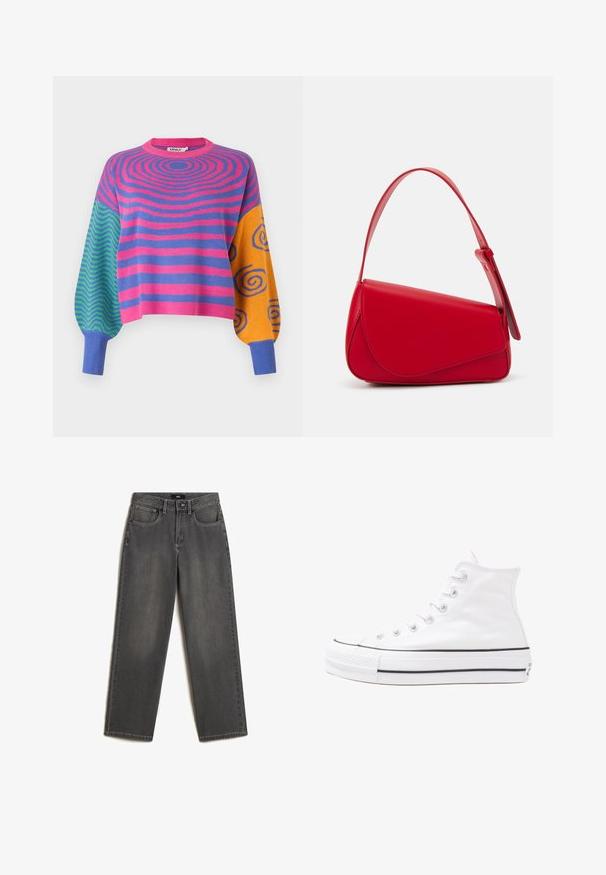 Sweter z długim rękawem z różowo-fioletowymi koncentrycznymi paskami na tułowie, zielono-niebieskimi zygzakami na jednym rękawie oraz pomarańczowymi z niebieskimi spiralami na drugim.; Szare dżinsy o szerokich nogawkach wykonane z denimu. Posiadają pięć kieszeni, zapięcie na guzik oraz zamek z przodu oraz subtelne wyblaknięcia na tkaninie.; Białe wysokie trampki z płótna z czarną gumową podeszwą, przednim czubkiem z gumy i sześcioma dziurkami na sznurowadła, charakteryzujące się prostym, minimalistycznym designem.; Czerwona skórzana torebka o kanciastym, geometrycznym designie. Posiada jedną regulowaną rączkę oraz zapięcie na klapę z przeszyciami.