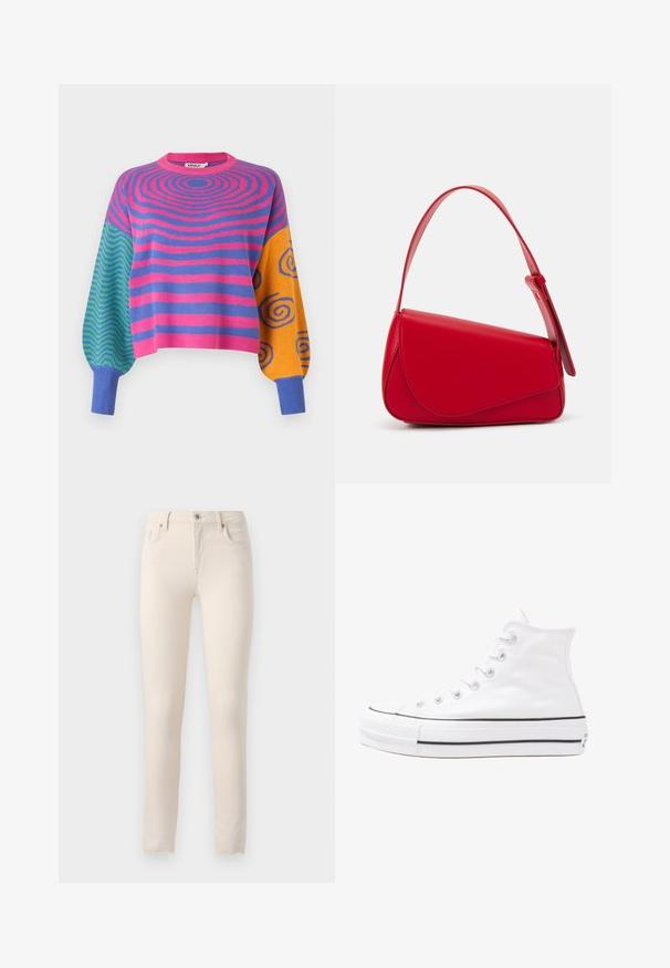 Long-sleeve sweater with pink and purple concentric stripes on the body, green and blue zigzags on one sleeve, and orange with blue spirals on the other.; Beige, skinny jeans made of cotton blend fabric. Features a classic five-pocket design, front zipper, and button closure.; White high-top canvas sneaker with black rubber sole, front rubber toe cap, and six eyelets for laces, featuring a clean, minimalist design.; Red leather handbag with an angular, geometric design. Features a single adjustable strap and a flap closure with stitched detailing.