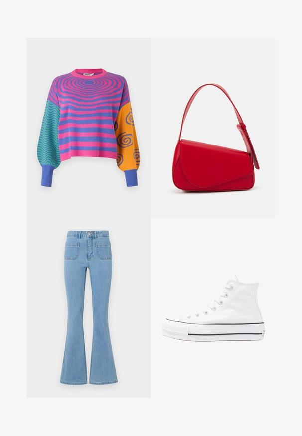 Tröja med långa ärmar med rosa och lila koncentriska ränder på kroppen, gröna och blå zigzagmönster på ena ärmen och orange med blå spiraler på den andra.; Ljust blå utsvängda jeans med hög midja, fem fickor och en mjuk denimtextur med sömnaddetaljer längs sömmarna.; Vit hög topp canvas sneaker med svart gummisulan, framsidan gummitåhätta och sex öglor för snören, med en ren, minimalistisk design.; Röd läderhandväska med en vinkelrät, geometrisk design. Har ett justerbart axelband och en klaffstängning med sydda detaljer.