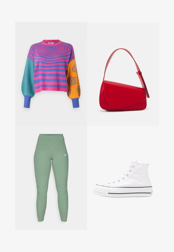 Dugorukava majica s pink i ljubičastim koncentričnim prugama na tijelu, zeleno-plavim cik-cak uzorcima na jednom rukavu i narančasto-plavim spiralama na drugom.; Legging visokog struka od tkanine prigušene zelene boje, s glatkom teksturom i uskim krojem. Mali logo tamno sive boje na gornjem dijelu noge.; Bijela visoka platnena tenisica s crnom gumenom potplatom, prednjim gumenim zaštitnikom prstiju i šest rupa za vezanje, s čistim, minimalističkim dizajnom.; Crvena kožna torba s kutnim, geometrijskim dizajnom. Ima jedan podesivi remen i preklopni zatvarač sa šivenim detaljima.
