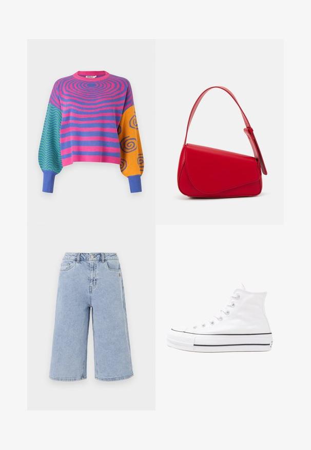 Langärmliger Pullover mit pinken und violetten konzentrischen Streifen am Körper, grünen und blauen Zickzackmustern an einem Ärmel und orangefarbenen mit blauen Spiralen am anderen.; Object OBJISR BERMUDA - Jeans Shorts - medium blue denim; Weiße hochwertige Leinensneaker mit schwarzer Gummisohle, vorderem Gummizehenschutz und sechs Ösen für Schnürsenkel, die ein sauberes, minimalistisches Design aufweisen.; Rote Lederhandtasche mit einem kantigen, geometrischen Design. Verfügt über einen verstellbaren Schulterriemen und einen Klappenverschluss mit genähten Details.