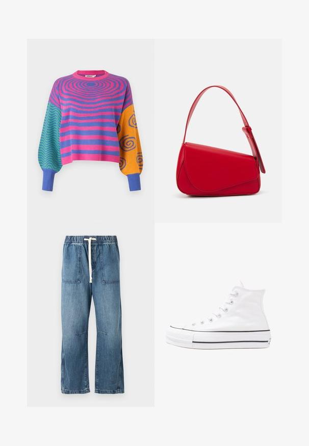 Tröja med långa ärmar med rosa och lila koncentriska ränder på kroppen, gröna och blå zigzagmönster på ena ärmen och orange med blå spiraler på den andra.; Blå denimbyxor med elastisk midja och vit dragsko. Har två framfickor och en bred bendesign, med en slät yta.; Vit hög topp canvas sneaker med svart gummisulan, framsidan gummitåhätta och sex öglor för snören, med en ren, minimalistisk design.; Röd läderhandväska med en vinkelrät, geometrisk design. Har ett justerbart axelband och en klaffstängning med sydda detaljer.