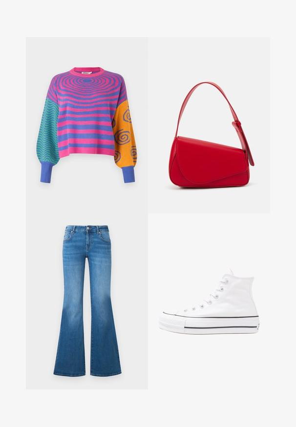 Langærmet sweater med pink og lilla koncentriske striber på kroppen, grønne og blå zigzagmønstre på den ene ærme og orange med blå spiraler på den anden.; Bredde blå denim jeans med mellemhøj talje, fem lommer og falmet detaljering på lårene. Sølv hardware accenter på knapperne.; Hvide høje kanvas sneakers med sort gummisål, gummitåhætte foran og seks øjehuller til snørebånd, der har et rent, minimalistisk design.; Rød læderhåndtaske med et kantet, geometrisk design. Har en enkelt justerbar rem og en klaplukning med syede detaljer.