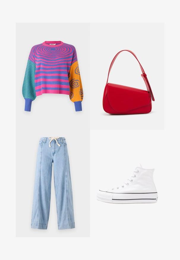 Long-sleeve sweater with pink and purple concentric stripes on the body, green and blue zigzags on one sleeve, and orange with blue spirals on the other.; Light blue wide-leg jeans made from denim, featuring a drawstring waist and vertical seams along the sides.; White high-top canvas sneaker with black rubber sole, front rubber toe cap, and six eyelets for laces, featuring a clean, minimalist design.; Red leather handbag with an angular, geometric design. Features a single adjustable strap and a flap closure with stitched detailing.