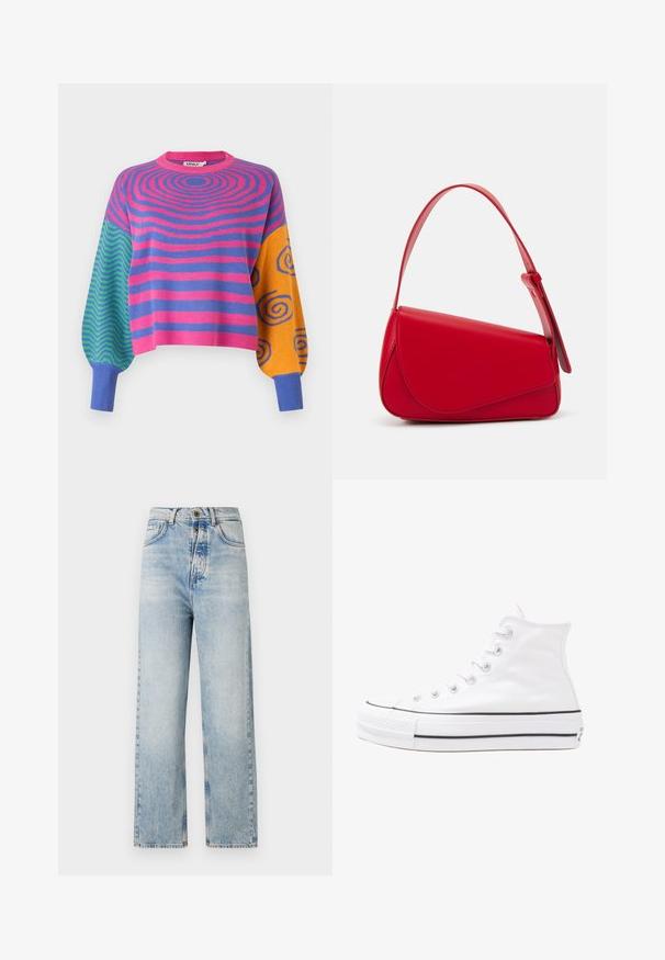 Long-sleeve sweater with pink and purple concentric stripes on the body, green and blue zigzags on one sleeve, and orange with blue spirals on the other.; Light blue jeans with a straight leg design, made of denim. Features five pockets, a button fly, and subtle fading throughout.; White high-top canvas sneaker with black rubber sole, front rubber toe cap, and six eyelets for laces, featuring a clean, minimalist design.; Red leather handbag with an angular, geometric design. Features a single adjustable strap and a flap closure with stitched detailing.