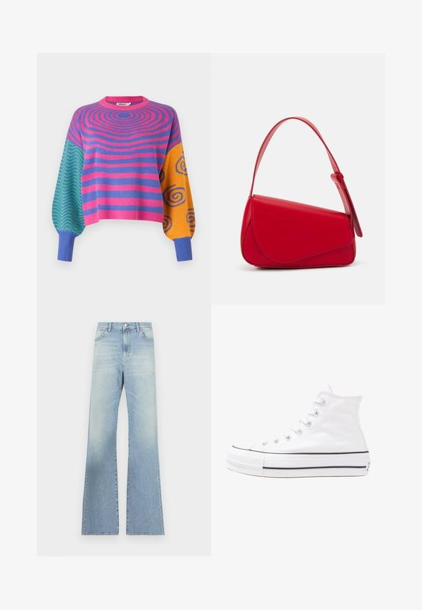 Pitkähihaisen neulepuseron vartalossa on vaaleanpunaisia ja purppuranvärisiä keskustaan meneviä raitoja, toisessa hihassa vihreitä ja sinisiä siksakkuvioita, ja toisessa oransseja ja sinisiä spiraaleja.; Vaaleansinisiä leveälahkeisia farkkuja, joissa on korkeaa vyötäröä, vetoketju ja nappi, sekä haalistunut pesu, jossa on hienovaraisia tekstuurivaihteluita.; Valkoiset korkeavartiset kangaskengät mustalla kumipohjalla, edessä kuminen varvasosa ja kuusi nauha-aukkoa, puhtaan minimalistisella muotoilulla.; Punainen nahkalaukku, jossa on kulmikas, geometrinen muotoilu. Varustettu yhdellä säädettävällä hihnalla ja läpällä, jossa on ommeltu yksityiskohtia.