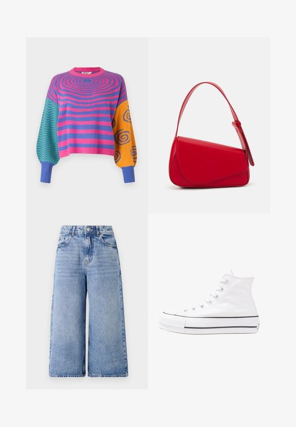 Camisola de manga comprida com riscas concêntricas cor-de-rosa e roxas no corpo, ziguezagues verdes e azuis numa manga e espirais laranja com azul na outra.; Culotes de ganga azul claro com cintura alta, pernas largas e bolsos frontais. Apresenta detalhes de costura e fecho de botão.; Sapatilha alta de tela branca com sola de borracha preta, bico de borracha na frente e seis ilhós para os atacadores, apresentando um design limpo e minimalista.; Bolsa de mão em couro vermelho com um design angular e geométrico. Apresenta uma única alça ajustável e um fecho com aba, com detalhes cosidos.