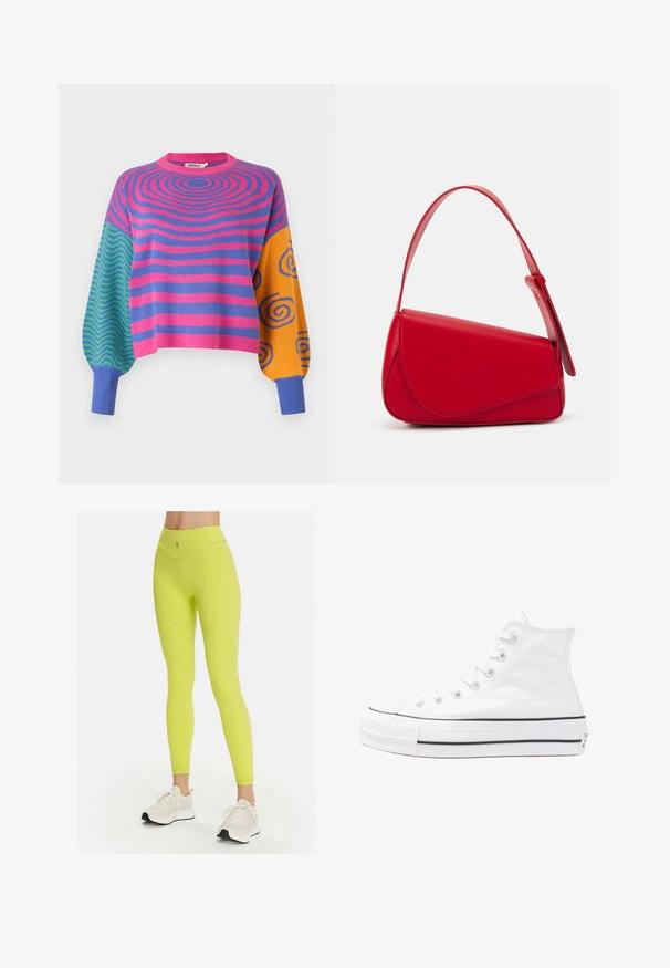 Dugorukava majica s pink i ljubičastim koncentričnim prugama na tijelu, zeleno-plavim cik-cak uzorcima na jednom rukavu i narančasto-plavim spiralama na drugom.; Neon žute tajice s visokim strukom, glatkom teksturom i zakrivljenim šavovima; imaju mali logo na struku. Uparene s bijelim tenisicama.; Bijela visoka platnena tenisica s crnom gumenom potplatom, prednjim gumenim zaštitnikom prstiju i šest rupa za vezanje, s čistim, minimalističkim dizajnom.; Crvena kožna torba s kutnim, geometrijskim dizajnom. Ima jedan podesivi remen i preklopni zatvarač sa šivenim detaljima.
