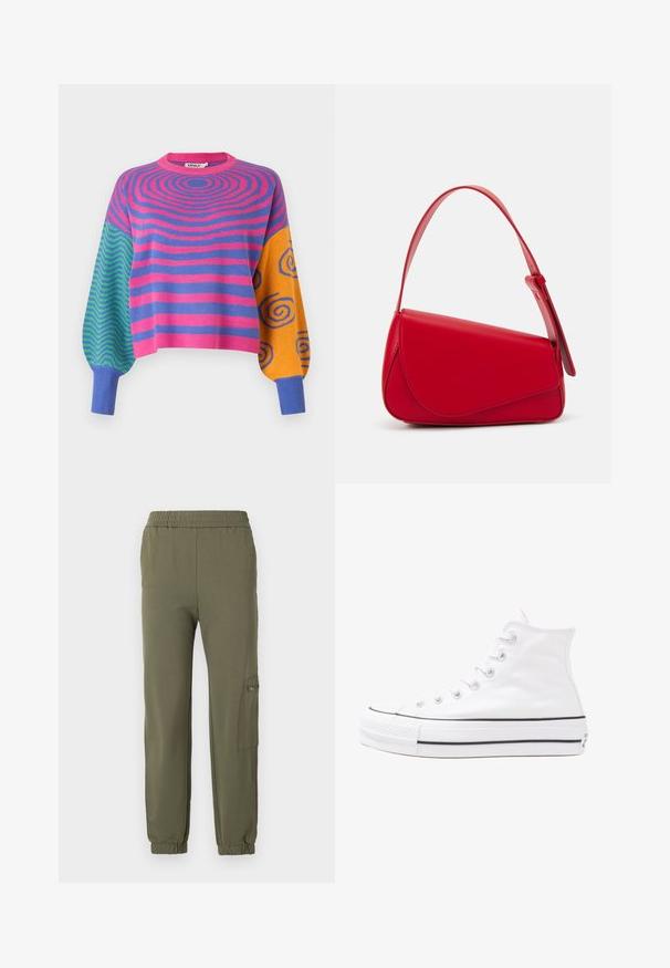 Langermet genser med rosa og lilla konsentriske striper på kroppen, grønne og blå sikksakkmønstre på den ene ermen, og oransje med blå spiraler på den andre.; Olivengrønne joggebukser med elastisk midje, tapered ermer og en sidelomme med glidelås. Myk, elastisk stoff.; Hvit høy-skinn kanvas sneakers med svart gummisåle, gummitåhette foran og seks hull for snorer, med et rent, minimalistisk design.; Rød lærveske med en vinklet, geometrisk design. Har en enkelt justerbar stropp og en klaffelukking med sydd detaljer.