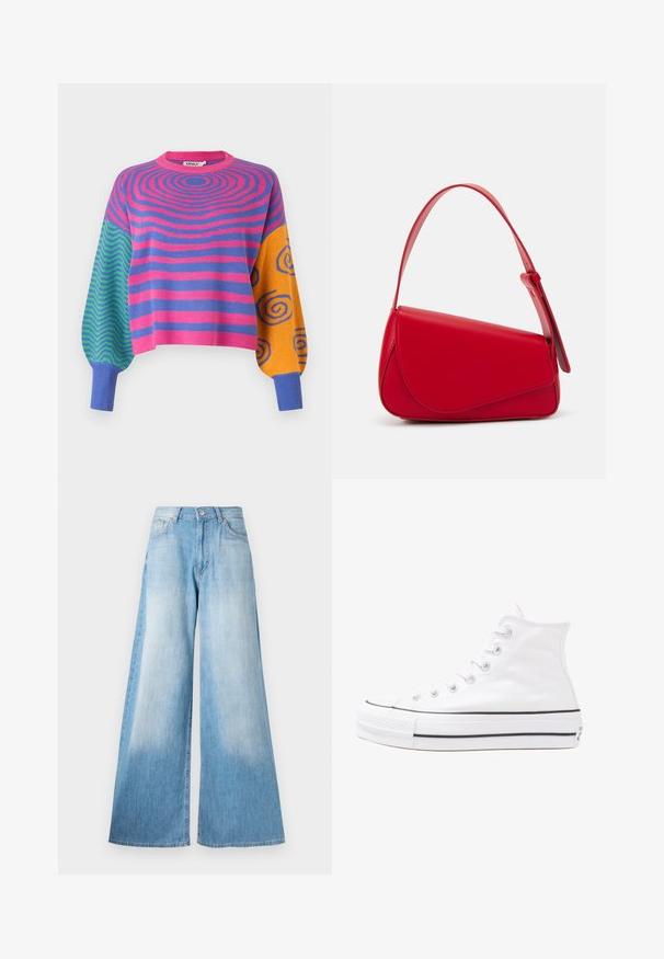 Svetr s dlouhým rukávem s růžovými a fialovými soustřednými pruhy na těle, zelenými a modrými cikcakami na jednom rukávu a oranžovými s modrými spirálami na druhém rukávu.; Světle modré široké džíny s vybledlým ombré efektem, s knoflíkovým zapínáním, poutky na pásek a klasickým pětikusovým designem.; Bílé vysoké plátěné tenisky s černou gumovou podrážkou, přední gumovou špičkou a šesti očky na tkaničky, se čistým, minimalistickým designem.; Červená kožená kabelka s ostrým, geometrickým designem. Má jeden nastavitelný popruh a klopu s prošívanými detaily.