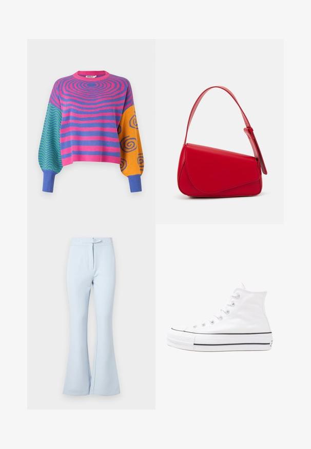 Langärmliger Pullover mit pinken und violetten konzentrischen Streifen am Körper, grünen und blauen Zickzackmustern an einem Ärmel und orangefarbenen mit blauen Spiralen am anderen.; Helle blaue, ausgestellte Hose aus einem glatten Stoff. Sie verfügt über einen mit einem Gürtel versehenen Taillenbund, zwei vordere Taschen und einen sauberen Abschluss an den Bündchen.; Weiße hochwertige Leinensneaker mit schwarzer Gummisohle, vorderem Gummizehenschutz und sechs Ösen für Schnürsenkel, die ein sauberes, minimalistisches Design aufweisen.; Rote Lederhandtasche mit einem kantigen, geometrischen Design. Verfügt über einen verstellbaren Schulterriemen und einen Klappenverschluss mit genähten Details.