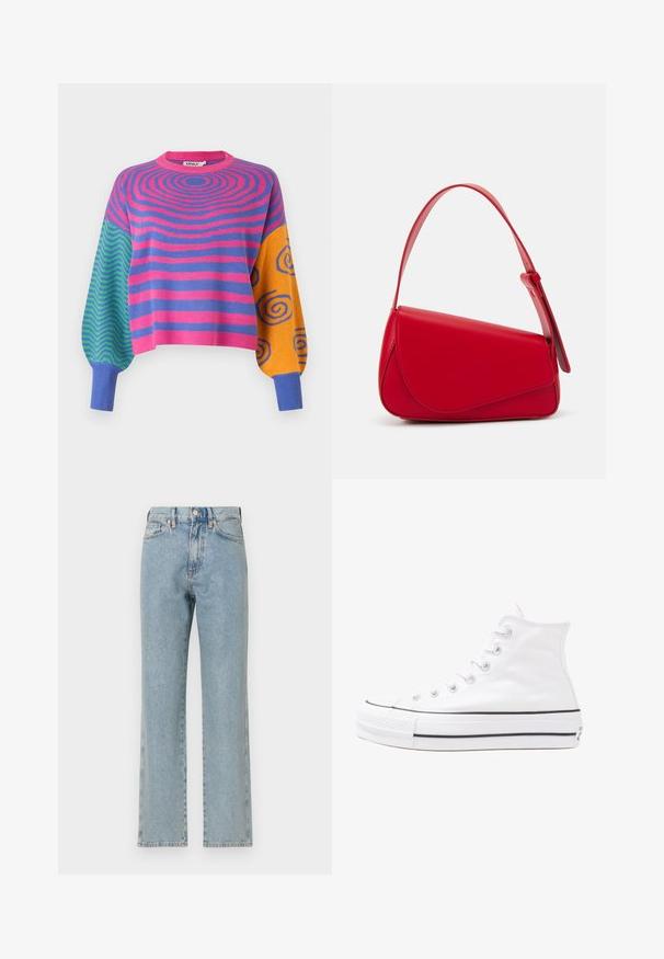 Pulover z dolgimi rokavi z rožnatimi in vijoličnimi koncentričnimi črtami na telesu, zelenimi in modrimi cik-cak vzorci na enem rokavu ter oranžnimi z modrimi spiralami na drugem.; Svijetloplave traperice s ravnim nogavicama, pet džepova, zatvaračem na gumb i suptilnom teksturom. Nema vidljivih oštećenja ili uzoraka.; Beli visoki platneni športni čevelj z črnim gumijastim podplatom, sprednjim gumijastim zaščitnikom za prste in šestimi luknjicami za vezalke, ki se ponaša s preprostim, minimalističnim dizajnom.; Rdeča usnjena torba z angularnim, geometrijskim dizajnom. Ima en samostoječ nastavljiv ročaj in pokrov, zaprt z zapiranjem, ki je okrašen s šivi.