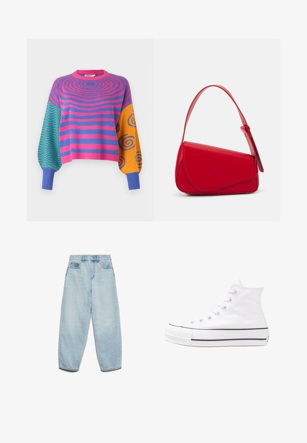 Pulover z dolgimi rokavi z rožnatimi in vijoličnimi koncentričnimi črtami na telesu, zelenimi in modrimi cik-cak vzorci na enem rokavu ter oranžnimi z modrimi spiralami na drugem.; Svetlo modri džins hlače z udobnim krojem, visoko pasom in širokimi nogami, z rahlo bledim videzom in klasičnim pet-imenskim dizajnom.; Beli visoki platneni športni čevelj z črnim gumijastim podplatom, sprednjim gumijastim zaščitnikom za prste in šestimi luknjicami za vezalke, ki se ponaša s preprostim, minimalističnim dizajnom.; Rdeča usnjena torba z angularnim, geometrijskim dizajnom. Ima en samostoječ nastavljiv ročaj in pokrov, zaprt z zapiranjem, ki je okrašen s šivi.