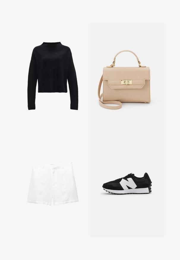 Zwart cropped sweater met een hoge halslijn en lange, brede mouwen. Gemaakt van een gestructureerd breimateriaal. Eenvoudig ontwerp zonder patronen of accenten.; Witte linnen blouse met lange mouwen, knoopsluiting en knopen aan de voorkant. Heeft een klein blauw geborduurd logo op de borst.; Witte katoenen shorts met een tailor-made snit, voorzien van zijzakken, een ritssluiting en een flat waistband. Gladde textuur, geen zichtbare patronen.; Zwarte suède en mesh sneaker met een wit logo en accenten. Stevige rubberen zool met textuur voor grip. Klassiek sportief ontwerp.; Beige gestructureerde handtas van textuur synthetisch materiaal, met een handvat aan de bovenkant, een verstelbare schouderband en hardware in goudkleur.