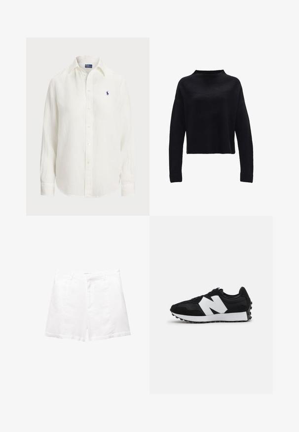 Maglione cropped nero con un col alto e maniche lunghe e larghe. Realizzato in un materiale a maglia testurizzato. Design semplice senza motivi o accenti.; Camicia di lino bianca a maniche lunghe, con colletto button-down e bottoni frontali. Presenta un piccolo logo ricamato blu sul petto.; Bermuda bianche in cotone con una vestibilità sartoriale, dotate di tasche frontali, patta con zip e vita piatta. Tessuto liscio, senza motivi visibili.; Sneaker in suede nero e mesh con logo e dettagli bianchi. Suola in gomma robusta con grip testurizzato. Design atletico classico.