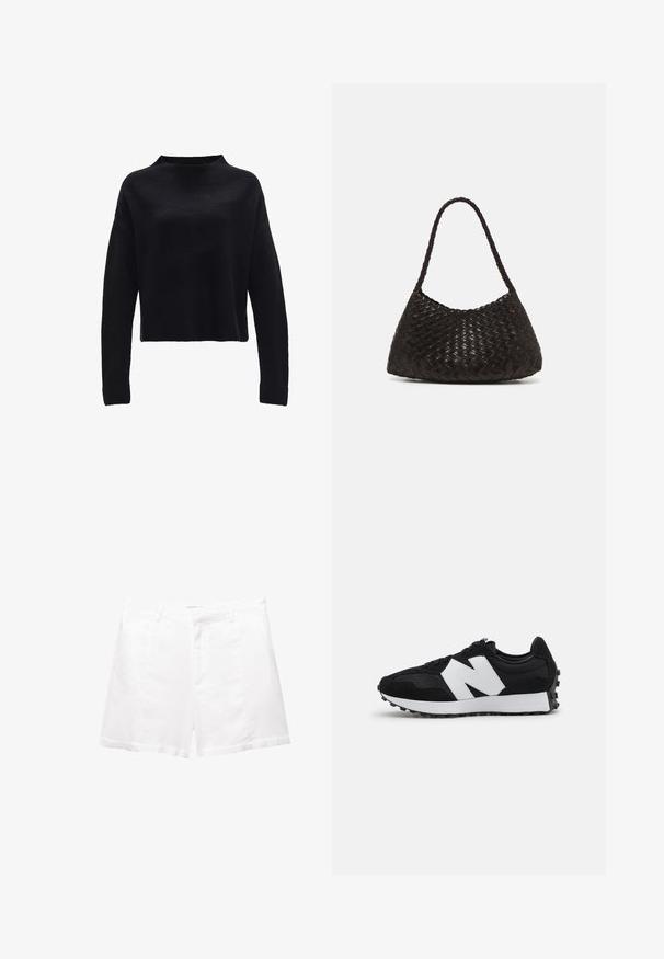 Pull noir court avec un col montant et de longues manches larges. Fabriqué en matériau tricoté texturé. Design basique sans motifs ni accents.; Shorts en coton blanc avec une coupe soignée, dotés de poches avant, d'une fermeture éclair et d'une taille plate. Texture lisse, sans motifs visibles.; Baskets en suède noir et en mesh avec un logo et des accents blancs. Semelle en caoutchouc robuste avec un grip texturé. Design athlétique classique.; DRAGON DIFFUSION ROSANNA - Sac à main - dark brown