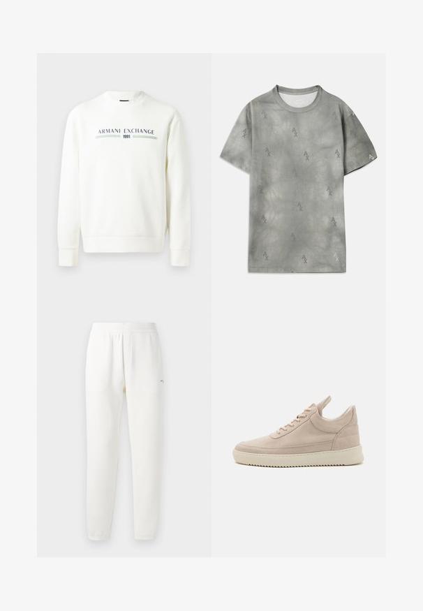 White sweatshirt with round neckline, long sleeves, and ribbed cuffs. Features printed "Armani Exchange 1991" logo in blue and green.; Gray cotton T-shirt with subtle AX logo pattern, round neckline, short sleeves, and a relaxed fit. Smooth texture with a slightly faded style.; White sweatpants made from soft fabric, featuring an elastic waistband, tapered legs, and a small logo on the left side.; Beige suede sneaker with rounded toe, white sole, and flat laces. Features a pull tab at the heel and textured side panels.