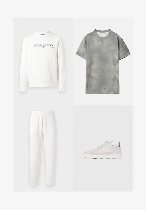 Balts sporta krekliņš ar apaļu kakla izgriezumu, garām piedurknēm un ribotām aprocēm. Uz krekliņa ir izdrukāts "Armani Exchange 1991" logo zildzeltainā un zaļā krāsā.; Pelēks kokvilnas T-krekls ar smalku AX logotipa rakstu, apaļu kakla izgriezumu, īsām piedurknēm un brīvu piegriezumu. Gluda tekstūra ar nedaudz izbalējušu stilu.; Baltas sporta bikses, izgatavotas no mīkstas auduma, ar elastīgu jostu, sašaurinātiem galiem un nelielu logo kreisajā pusē.; Baltas ādas sporta apavi ar pelēka zamšādas akcentiem, saistoša dizaina, ar vilkšanas cilpu un teksturētu gumijas zoli, kas raksturojas ar zigzag rakstu.