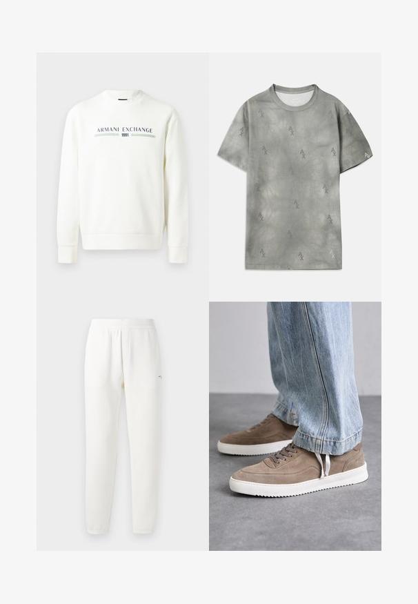 Hvit hettegenser med rund hals, lange ermer og ribbede mansjetter. Har trykket "Armani Exchange 1991" logo i blått og grønt.; Grå bomull T-skjorte med subtilt AX logo mønster, rund halslinning, korte ermer og en avslappet passform. Glatt tekstur med en litt falmet stil.; Hvide sweatpants lavet af blødt stof, med elastisk talje, tapered ben og et lille logo på venstre side.; Brune suedetrenere med hvite gummisåler, med runde lisser og et lavprofil design. Jeans dekker delvis skoene.