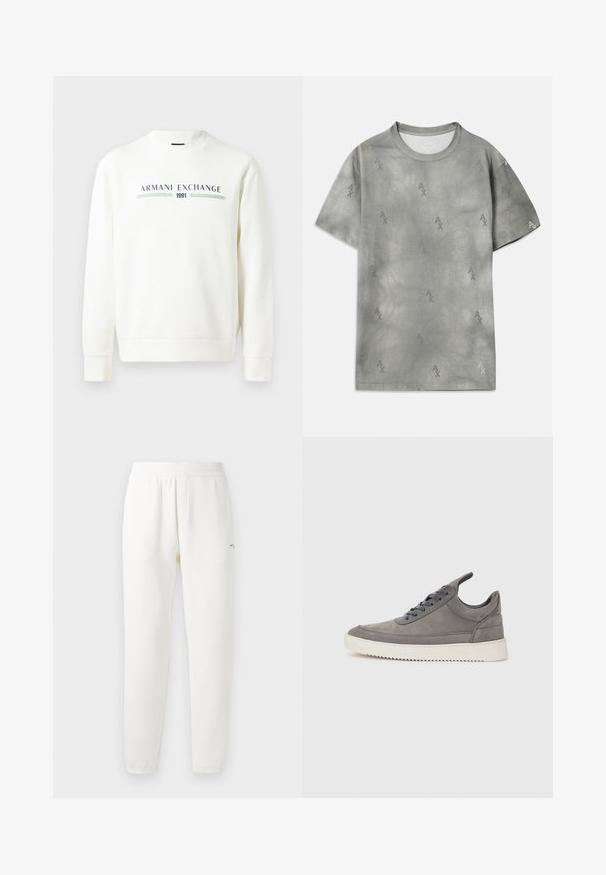 White sweatshirt with round neckline, long sleeves, and ribbed cuffs. Features printed "Armani Exchange 1991" logo in blue and green.; Gray cotton T-shirt with subtle AX logo pattern, round neckline, short sleeves, and a relaxed fit. Smooth texture with a slightly faded style.; White sweatpants made from soft fabric, featuring an elastic waistband, tapered legs, and a small logo on the left side.; Gray suede sneaker with a textured finish, featuring a white rubber sole, round laces, and a low-top design.