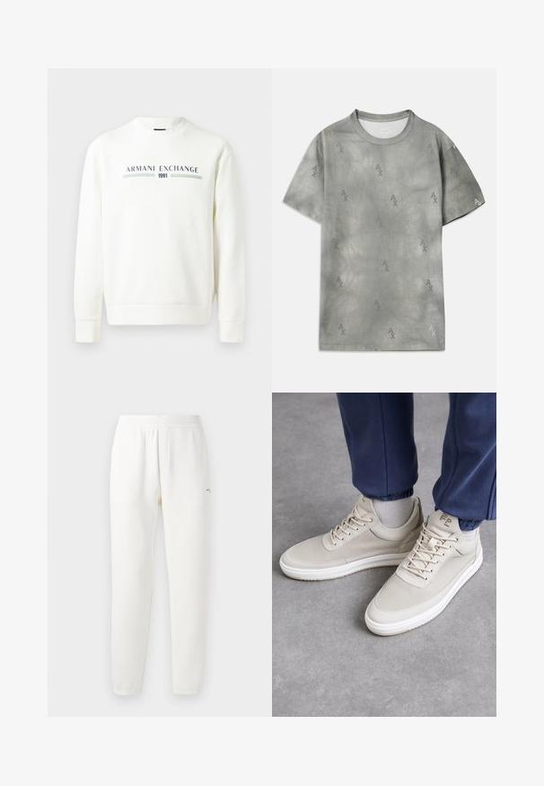 Valge kapuutsiga dressipluus ümmarguse kaeluse, pikkade varrukate ja soonikservadega. Omab sinise ja rohelisega trükitud "Armani Exchange 1991" logo.; Hall hallide hõbedane t-särk, millel on peen AX logo muster, ümar kaelus, lühikesed varrukad ja vabalt istuv lõige. Sujuv tekstuur ja kergelt pleekinud stiil.; Valged dressipüksid, mis on valmistatud pehmest kangast, elastse vöökohtaga, kitsenevate jalgadega ja väikese logoga vasakul poolel.; Bežid spordijal, millel on tekstureeritud materjal, ümmargune varvas, paelad ja minimalistlik disain. Valge tald, millel on heleda pruuni detailid. Kanda navy siniste spordipükstega.