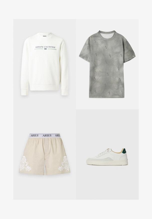 Felpa bianca con scollo rotondo, maniche lunghe e polsini a costine. Presenta il logo stampato "Armani Exchange 1991" in blu e verde.; T-shirt in cotone grigio con un sottile motivo a logo AX, scollo rotondo, maniche corte e vestibilità rilassata. Tessuto liscio con uno stile leggermente sbiadito.; Pantaloni corti in cotone beige con ricami floreali bianchi su un lato. Vita elasticizzata con la scritta "ARIES" stampata in nero su un nastro bianco.; Sneaker bianco con accenti in camoscio, punta rotonda, lacci piatti e suola in gomma crema. Presenta un marchio verde sul tallone.