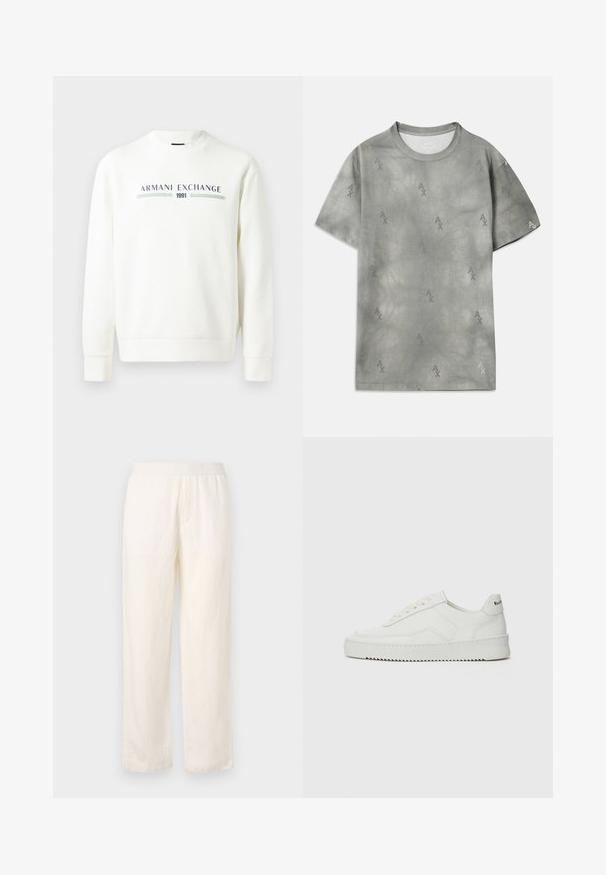 Vit sweatshirt med rund halsringning, långa ärmar och ribbade cuffs. Har tryckt "Armani Exchange 1991"-logotyp i blått och grönt.; Grå bomullströja med subtil AX-logomönster, rund halsringning, korta ärmar och en avslappnad passform. Slät textur med en något blekt stil.; Lätta, krämfärgade byxor med elastisk midja, raka ben och subtil struktur. Har inga synliga fickor.; Vita lädersneakers med en jämn yta, rund tå, platta snörningar och en strukturerad sula. Har en diskret logotyp på hälen.