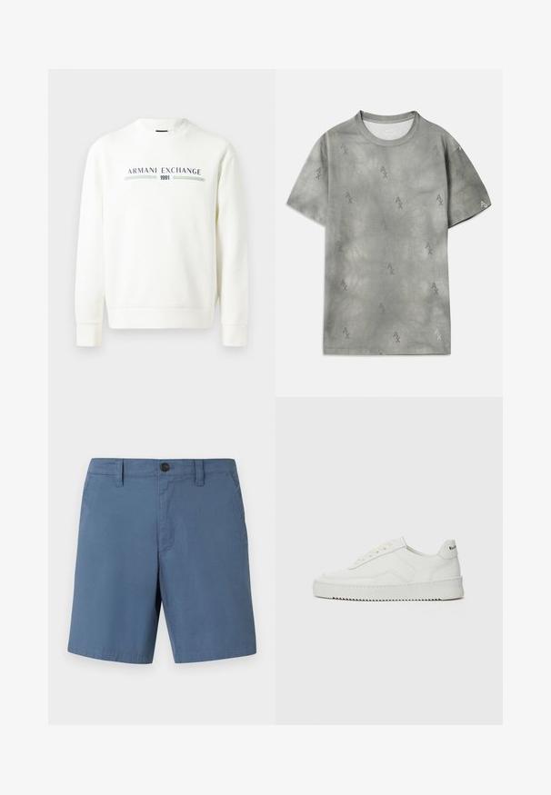 Weißer Sweatshirt mit Rundhalsausschnitt, langen Ärmeln und gerippten Bündchen. Mit einem gedruckten Logo "Armani Exchange 1991" in Blau und Grün.; Graues Baumwoll-T-Shirt mit dezentem AX-Logo-Muster, Rundhalsausschnitt, kurzen Ärmeln und lockerer Passform. Glatte Textur mit einem leicht verwaschenen Stil.; Blaue Baumwollshorts mit flachem Frontdesign, Knopfverschluss und Seitentaschen. Glatte Textur, knielanger Schnitt und keine sichtbaren Muster.; Weiße Ledersneaker mit glatter Oberfläche, runder Zehenpartie, flachen Schnürsenkeln und strukturiertem Sohlenprofil. Mit einem dezenten Logo an der Ferse.