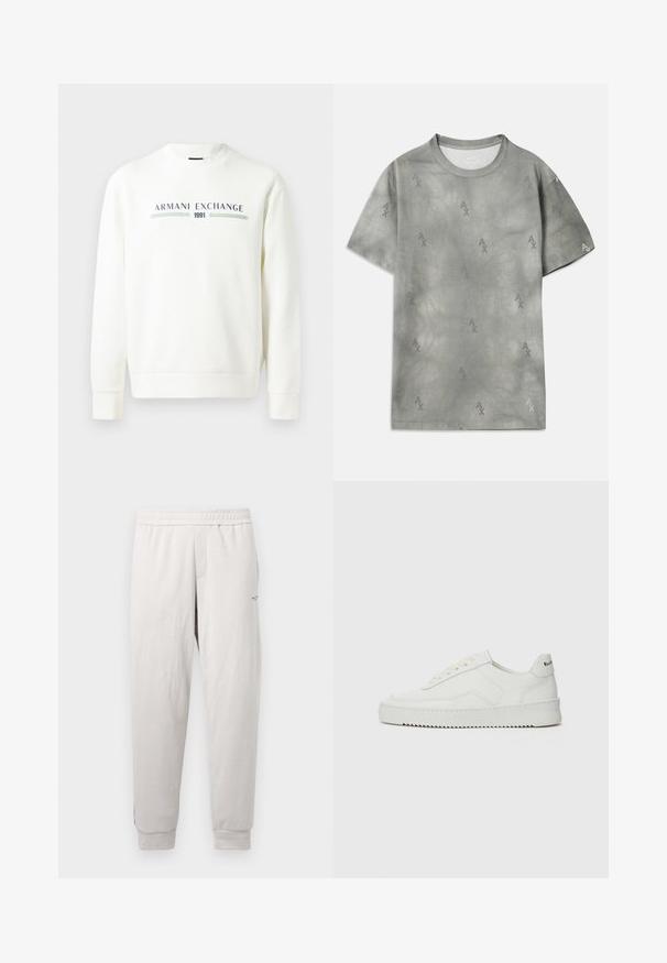 Hvid sweatshirt med rund halsudskæring, lange ærmer og ribbede manchetter. Fungerer med trykt "Armani Exchange 1991" logo i blå og grøn.; Grå bomulds T-shirt med diskret AX-logo mønster, rund halsudskæring, korte ærmer og en afslappet pasform. Glat tekstur med en let falmet stil.; Lys grå sweatpants med elastisk talje, sidelommer, ribbede manchetter og subtil branding på benet, lavet af blødt stof.; Hvide lædersneakers med en glat overflade, rund tå, flade snørebånd og en tekstureret sål. Har et diskret logo på hælen.