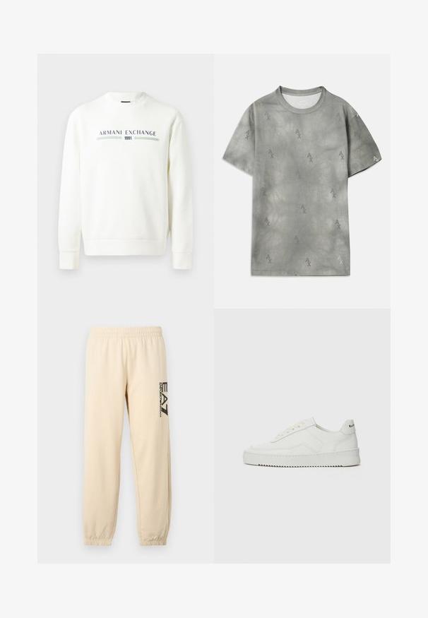 Bela sweatshirt s krožnim izrezom, dolgimi rokavi in rebrastimi manšetami. Ima natisnjen logotip "Armani Exchange 1991" v modri in zeleni barvi.; Siva bombažna majica z diskrečnim vzorcem logotipa AX, okroglim izrezom, kratkimi rokavi in sproščenim krojem. Gladka tekstura z rahlo zbledelim stilom.; Beige trenirke z elastičnim pasom, zoženimi nogami in stranskim logotipom v črni barvi, izdelane iz mehkega, lahkega materiala.; Bela usnjena športna obutev z gladko površino, okroglo prst, ravne vezalke in teksturiran podplat. Ima diskretno logo na peti.