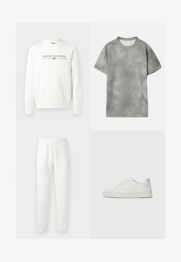 Balts sporta krekliņš ar apaļu kakla izgriezumu, garām piedurknēm un ribotām aprocēm. Uz krekliņa ir izdrukāts "Armani Exchange 1991" logo zildzeltainā un zaļā krāsā.; Pelēks kokvilnas T-krekls ar smalku AX logotipa rakstu, apaļu kakla izgriezumu, īsām piedurknēm un brīvu piegriezumu. Gluda tekstūra ar nedaudz izbalējušu stilu.; Baltas sporta bikses, izgatavotas no mīkstas auduma, ar elastīgu jostu, sašaurinātiem galiem un nelielu logo kreisajā pusē.; Baltas ādas sneakers ar gludu virsmu, apaļu pirkstu daļu, plakaniem šņorēm un teksturētu zoli. Satur diskrētu logotipu uz papēža.
