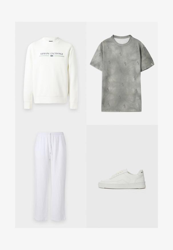 White sweatshirt with round neckline, long sleeves, and ribbed cuffs. Features printed "Armani Exchange 1991" logo in blue and green.; Gray cotton T-shirt with subtle AX logo pattern, round neckline, short sleeves, and a relaxed fit. Smooth texture with a slightly faded style.; White linen trousers with a loose fit, elastic waistband, and drawstring closure. Smooth texture and straight leg design. No patterns or accents.; White leather sneaker with a smooth finish, round toe, flat laces, and a textured sole. Features a subtle logo on the heel.