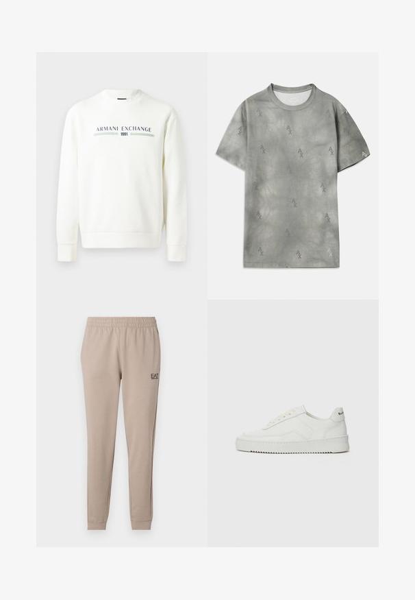White sweatshirt with round neckline, long sleeves, and ribbed cuffs. Features printed "Armani Exchange 1991" logo in blue and green.; Gray cotton T-shirt with subtle AX logo pattern, round neckline, short sleeves, and a relaxed fit. Smooth texture with a slightly faded style.; Beige tapered joggers with an elastic waistband, cuffed ankles, and a small black EA7 logo on the left side. Soft fabric texture.; White leather sneaker with a smooth finish, round toe, flat laces, and a textured sole. Features a subtle logo on the heel.