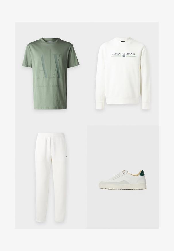 Sweatshirt branca com decote redondo, mangas longas e punhos canelados. Apresenta o logótipo impresso "Armani Exchange 1991" em azul e verde.; Armani Exchange T-shirt estampada - agave green; Calças de treino brancas feitas de um tecido suave, com um cós elástico, pernas ajustadas e um pequeno logotipo do lado esquerdo.; Tênis brancos com detalhes em camurça, bico arredondado, atacadores planos e sola de borracha creme. Apresenta uma marcação verde no calcanhar.