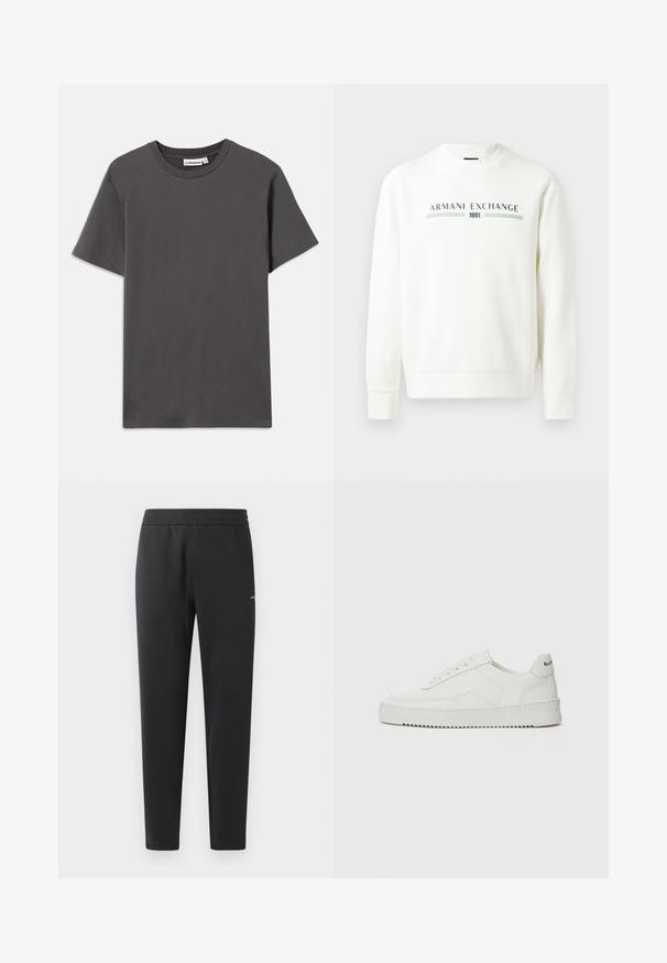 Valge kapuutsiga dressipluus ümmarguse kaeluse, pikkade varrukate ja soonikservadega. Omab sinise ja rohelisega trükitud "Armani Exchange 1991" logo.; Tumehall kortse käistega T-särk ümmarguse kaelusega, millel on krae sisemuses väike valge brändilogo, valgel taustal.; Mustad jogger pants pehmest kangast, millel on elastne vöökoht, sirged sääred ja üks väike logodetail küljel.; Valge nahast tennis, millel on sile põhi, ümar varvas, lamedad nöörid ja tekstuuriline tall. Sisaldab diskreetset logo kontsaribal.