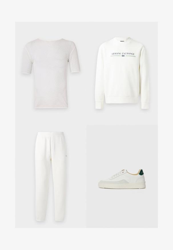 Hvit hettegenser med rund hals, lange ermer og ribbede mansjetter. Har trykket "Armani Exchange 1991" logo i blått og grønt.; Bally T-shirts - white; Hvide sweatpants lavet af blødt stof, med elastisk talje, tapered ben og et lille logo på venstre side.; Hvit sneakers med semsket detaljer, rund tå, flate snøringer og en kremfarget gummisåle. Har grønn merking på hælen.